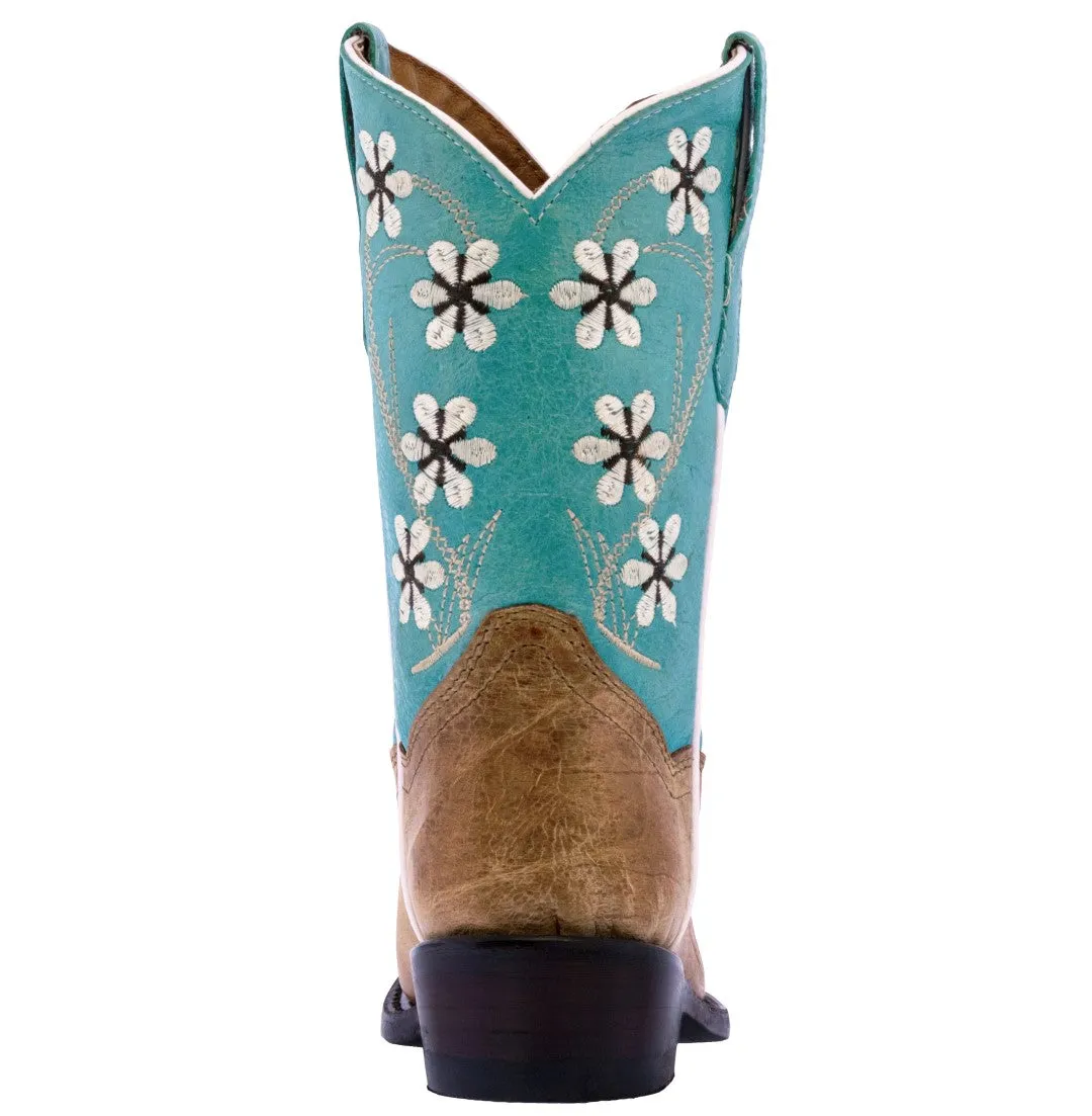 Kids Western Boots Flower Embroidered Distressed Leather Teal Snip Toe Botas