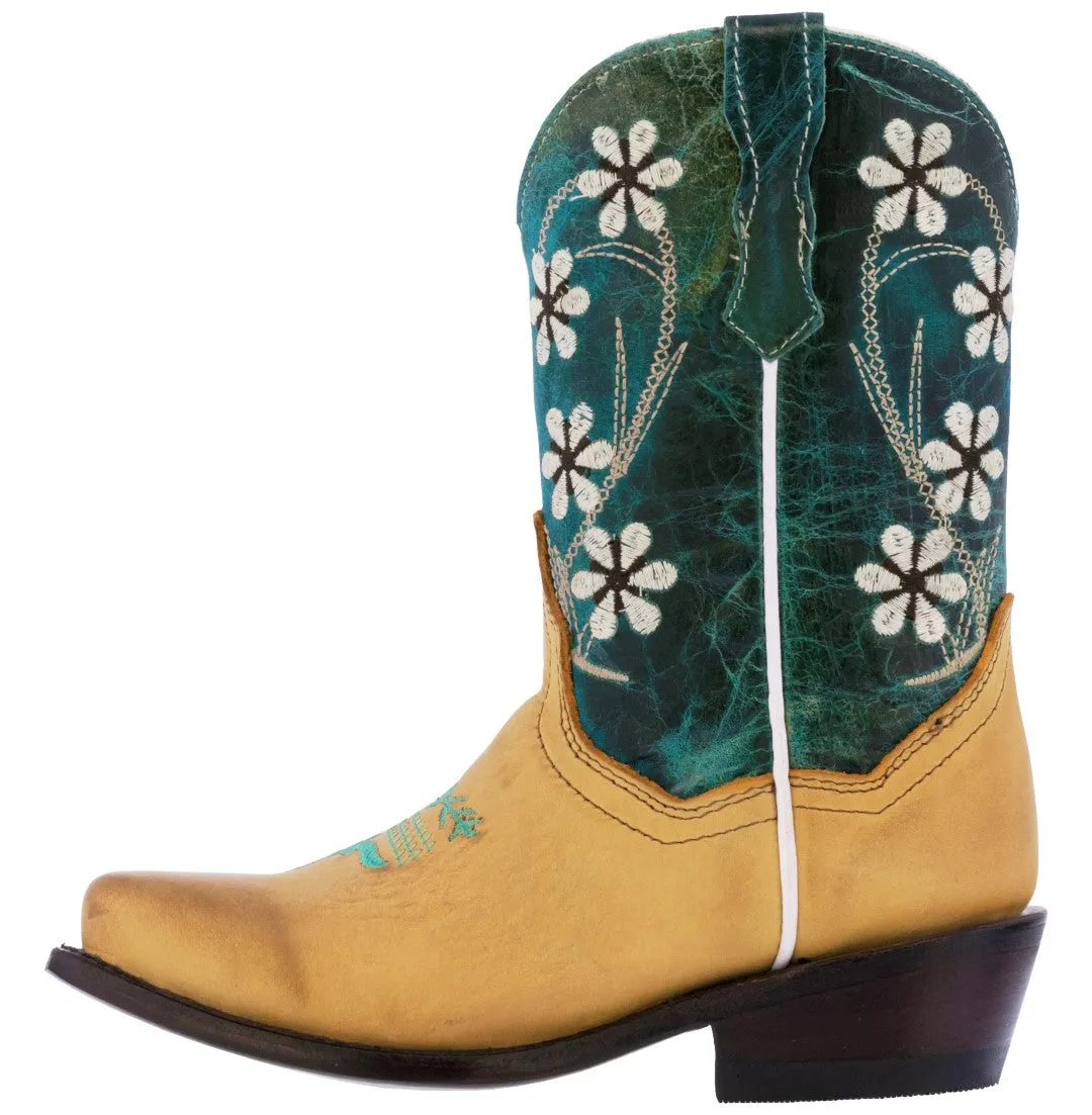 Kids Western Boots Flower Embroidered Leather Teal Buttercup Snip Toe Botas