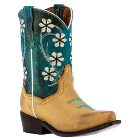 Kids Western Boots Flower Embroidered Leather Teal Buttercup Snip Toe Botas