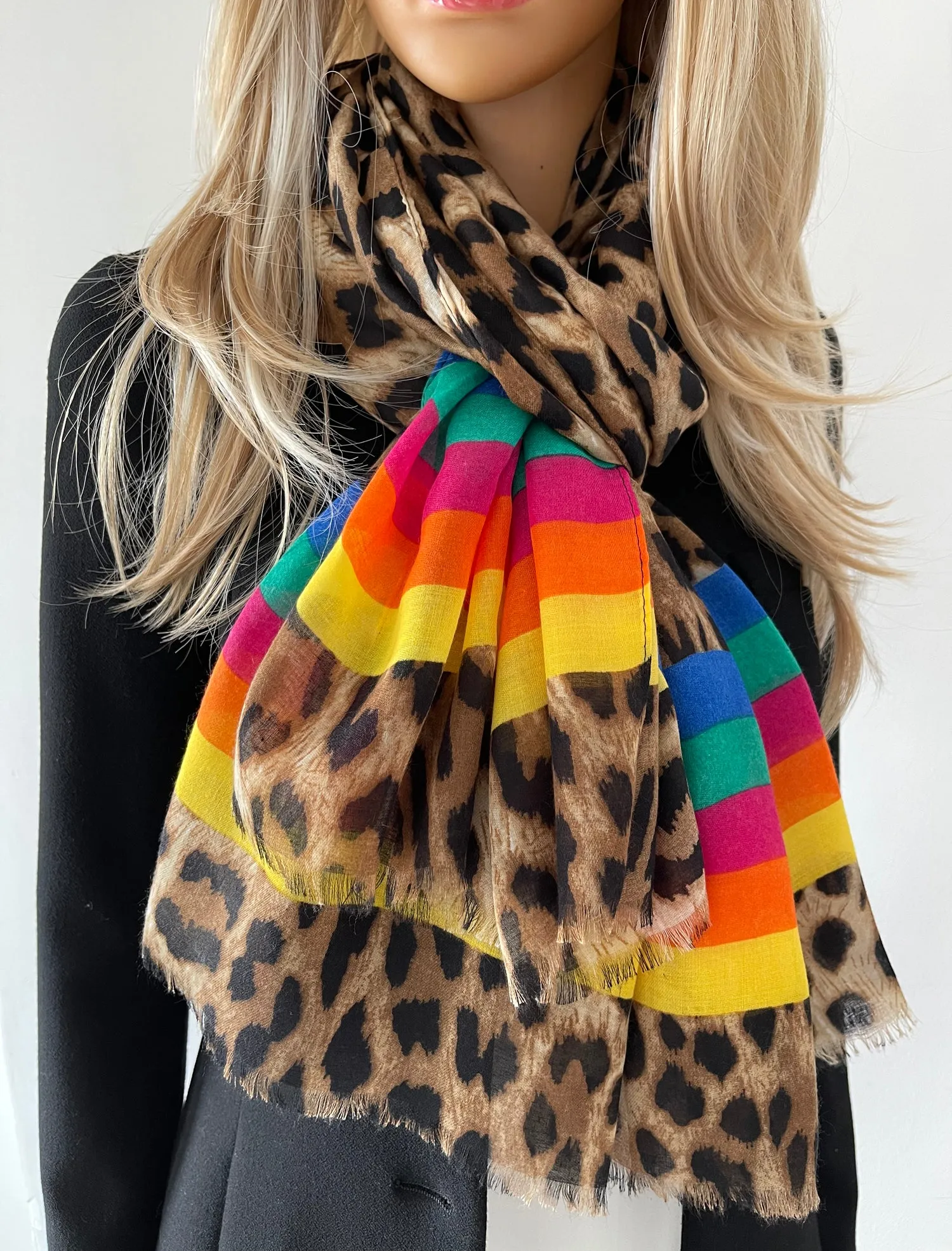 LARGE LEOPARD PRINT SHAWL SCARF WITH MULTI COLOUR RAINBOW STRIPES