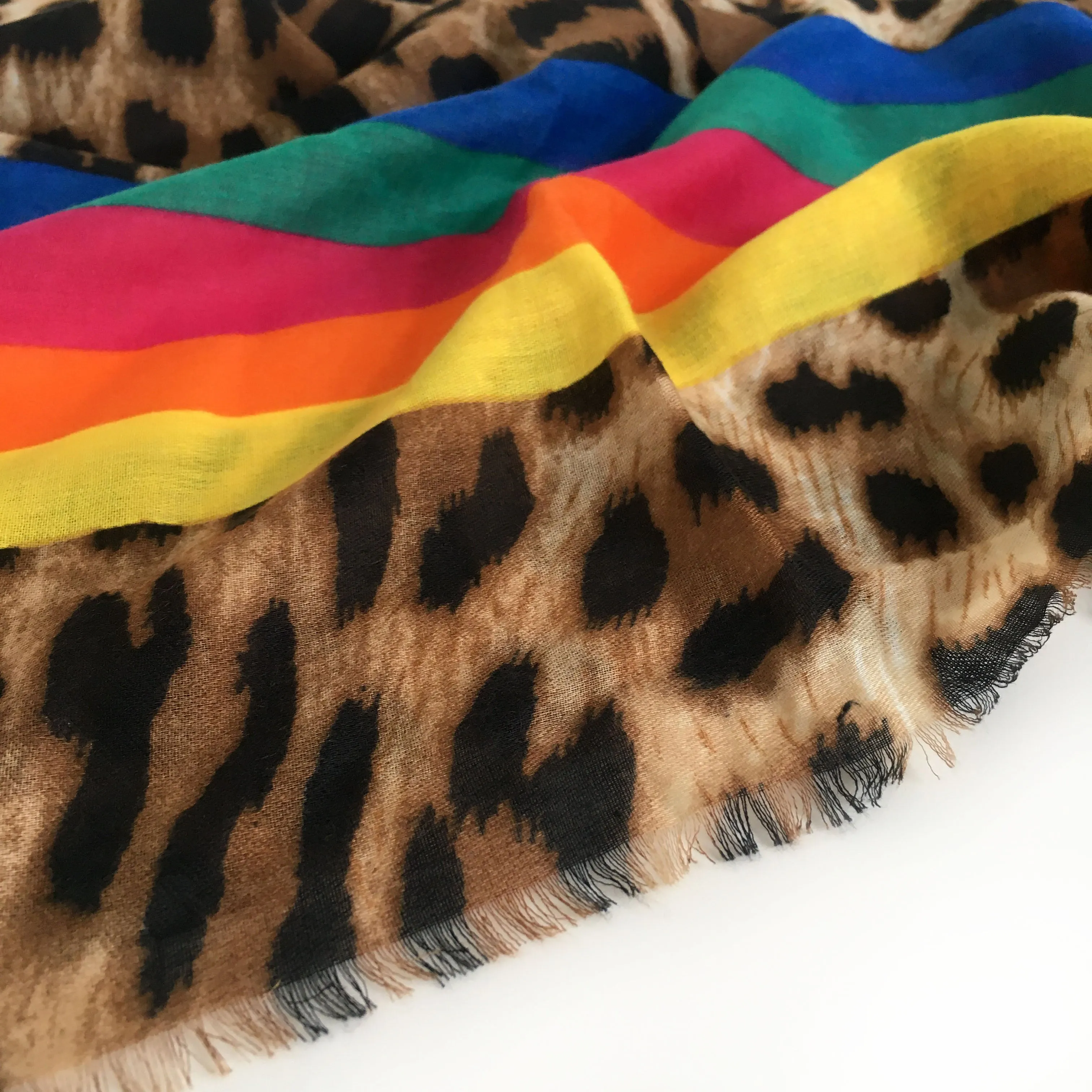 LARGE LEOPARD PRINT SHAWL SCARF WITH MULTI COLOUR RAINBOW STRIPES