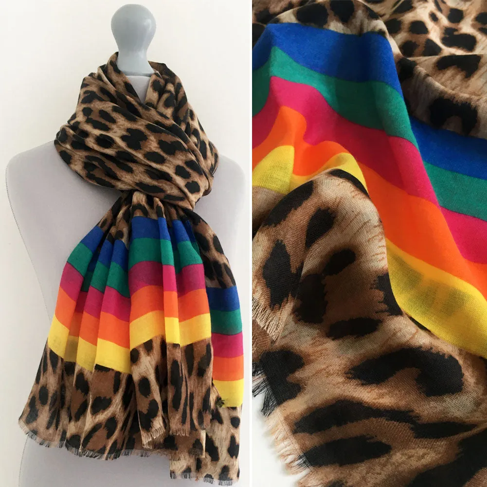 LARGE LEOPARD PRINT SHAWL SCARF WITH MULTI COLOUR RAINBOW STRIPES