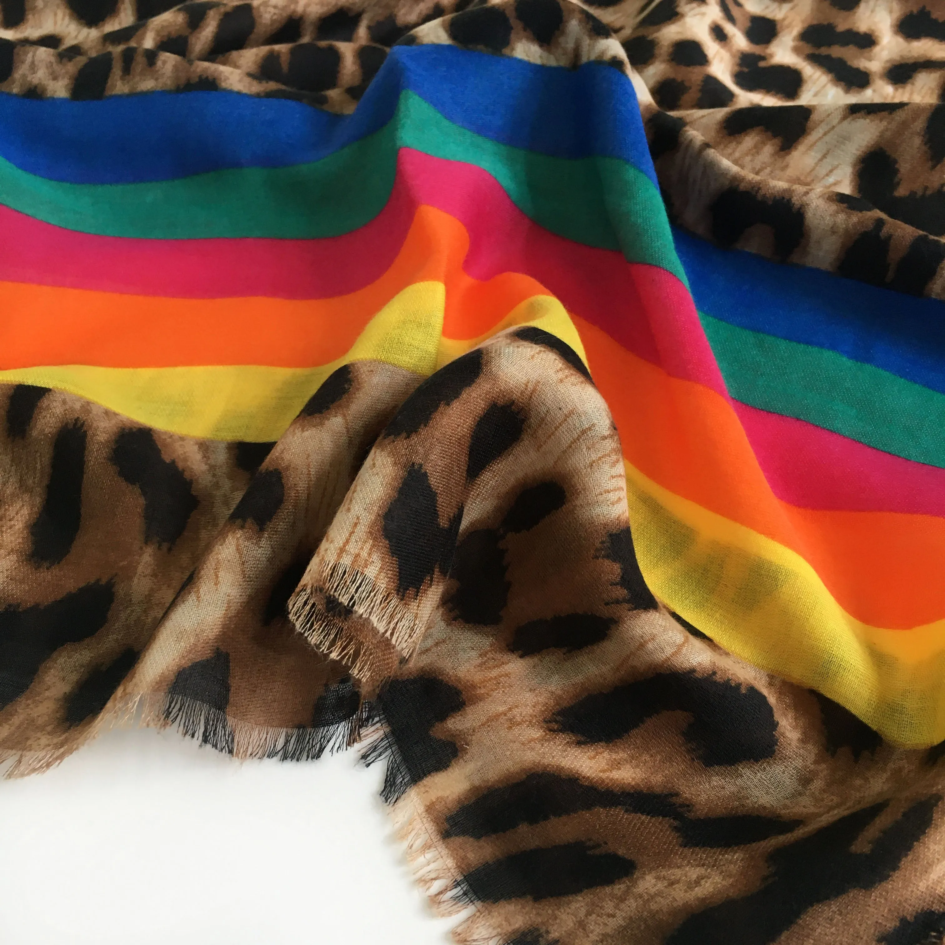 LARGE LEOPARD PRINT SHAWL SCARF WITH MULTI COLOUR RAINBOW STRIPES