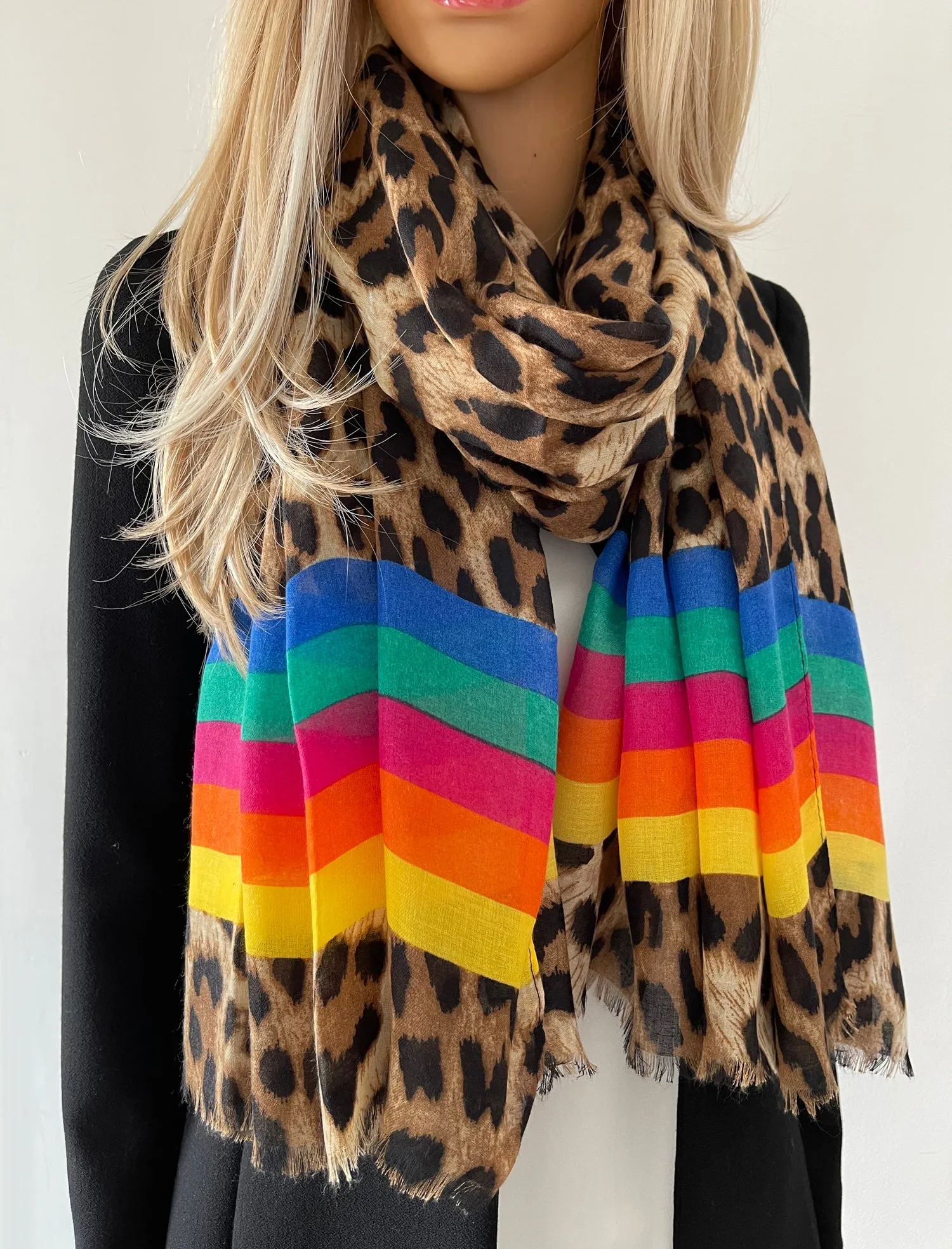 LARGE LEOPARD PRINT SHAWL SCARF WITH MULTI COLOUR RAINBOW STRIPES