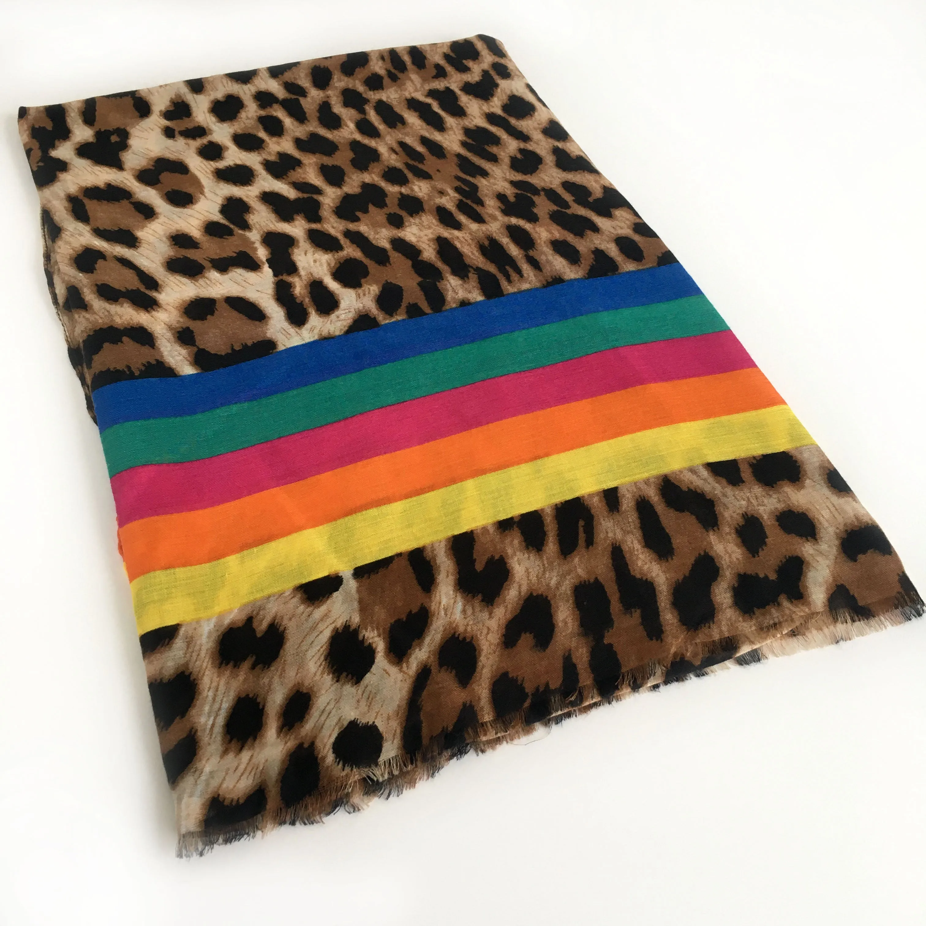 LARGE LEOPARD PRINT SHAWL SCARF WITH MULTI COLOUR RAINBOW STRIPES