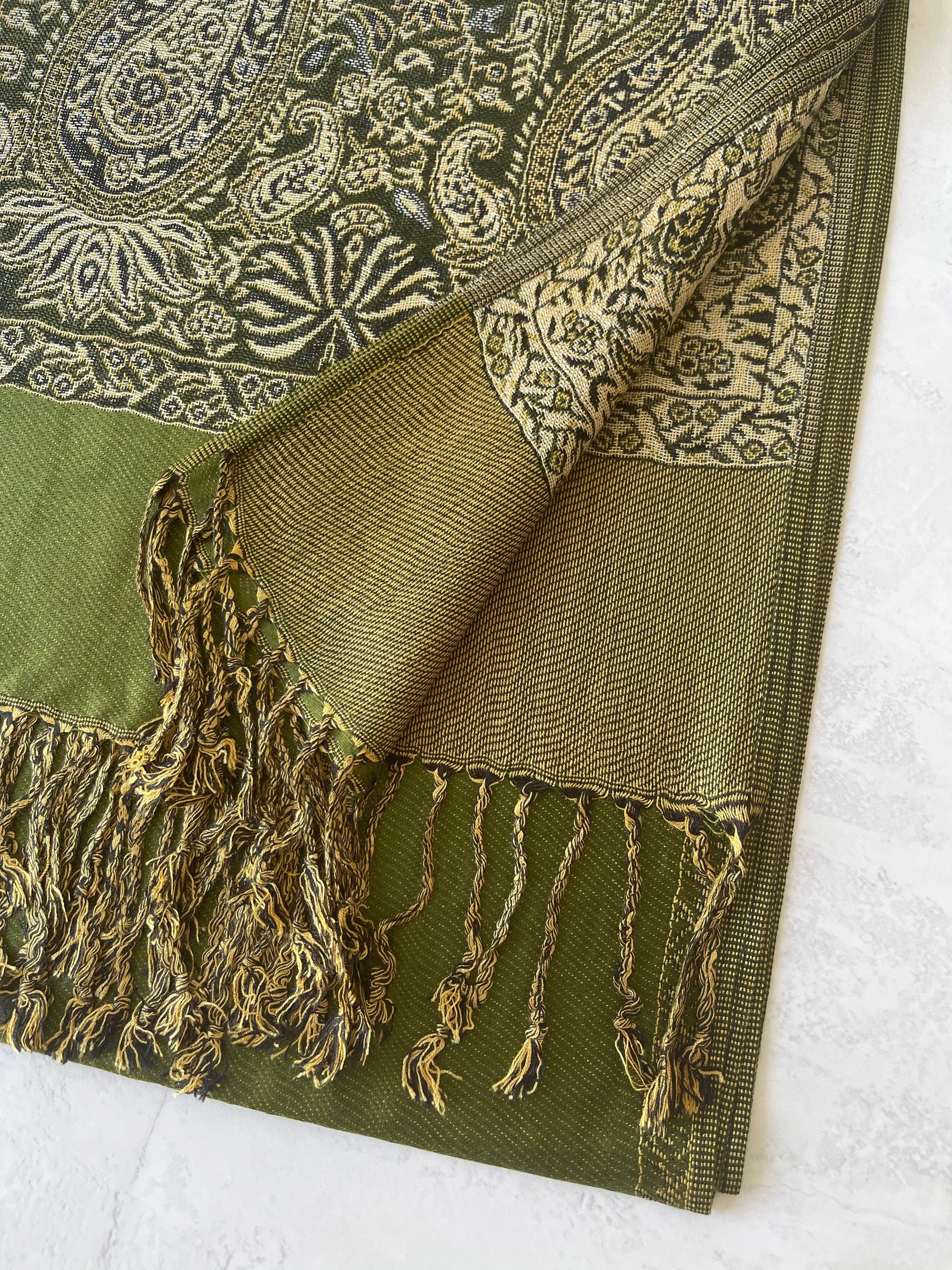 LARGE PLAIN GREEN REVERSIBLE MULTI COLOUR PAISLEY PRINT PASHMINA SHAWL SCARF WRAP