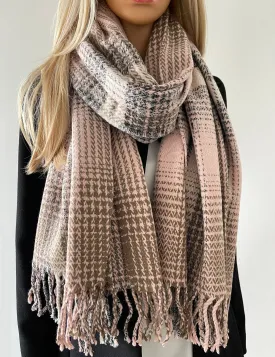 LARGE WOOL MIX THICK CHECKED SHAWL - PINK