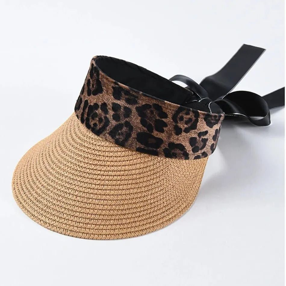 Leopard Sun Hats - Trendy 11.5cm Brim Straw Hat for Women: UV Protection, Adjustable Size