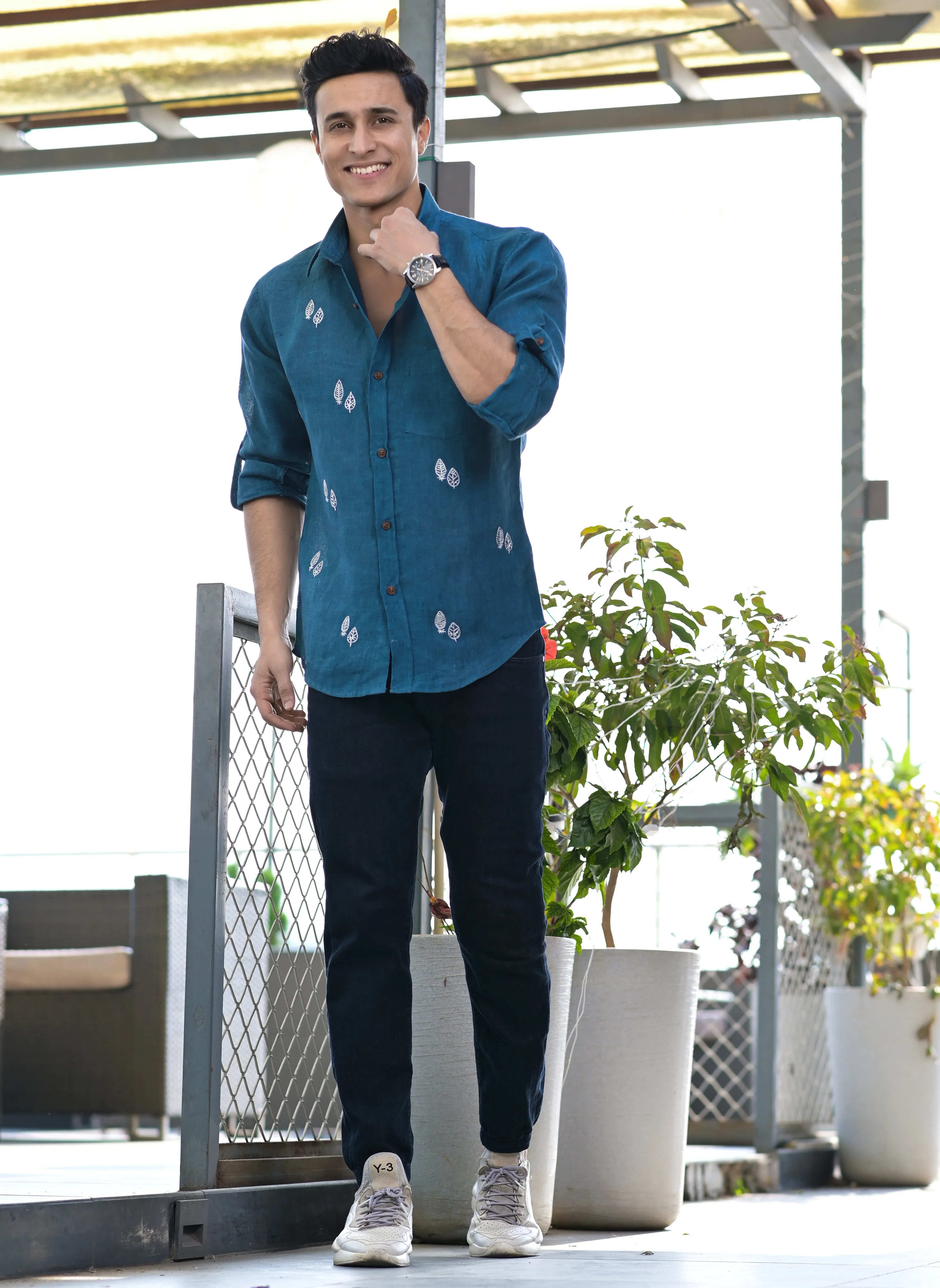 Men Tropical Embroidered Cotton Casual Shirt