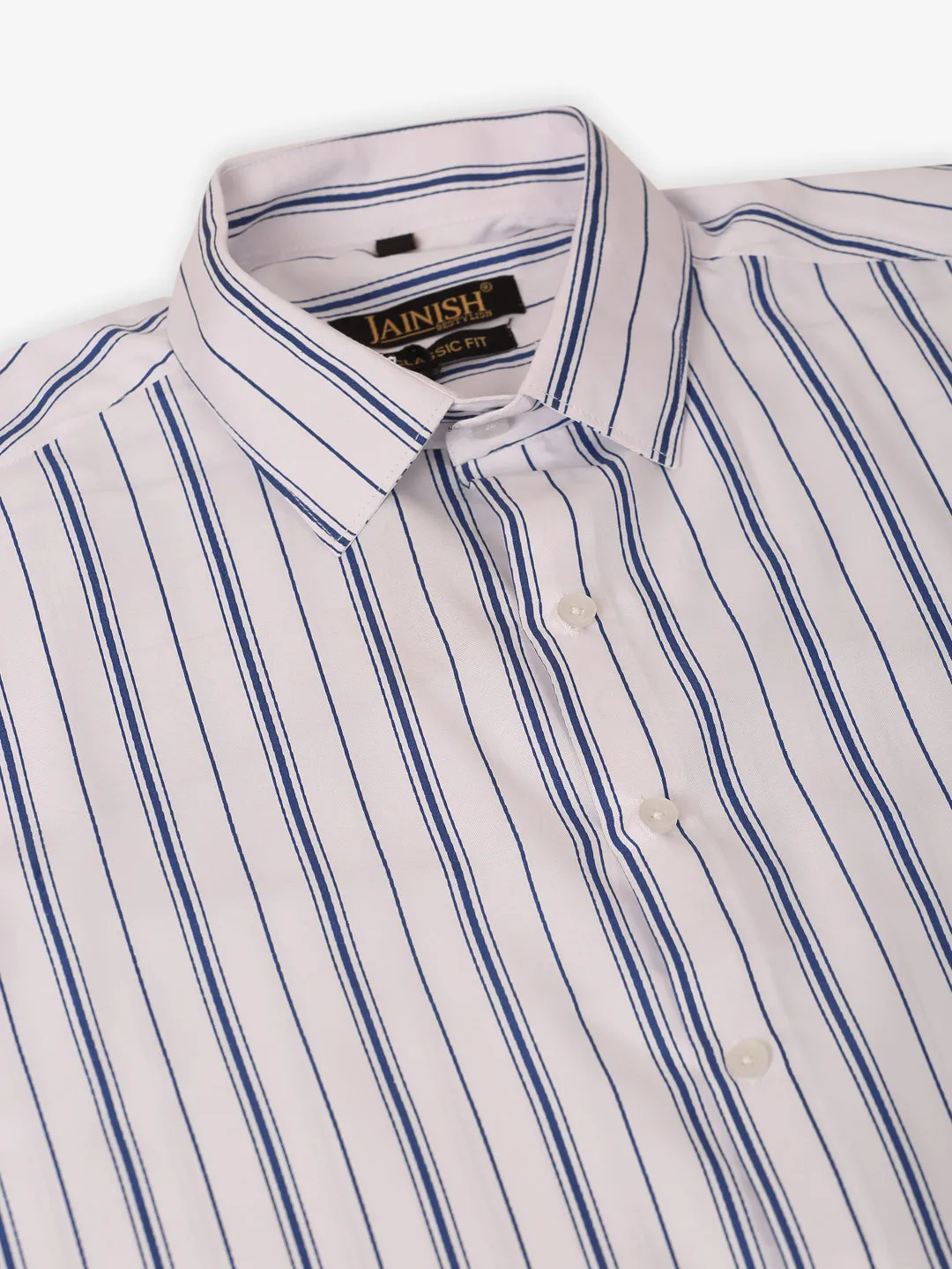 Men White & Blue Classic Striped Formal Shirt