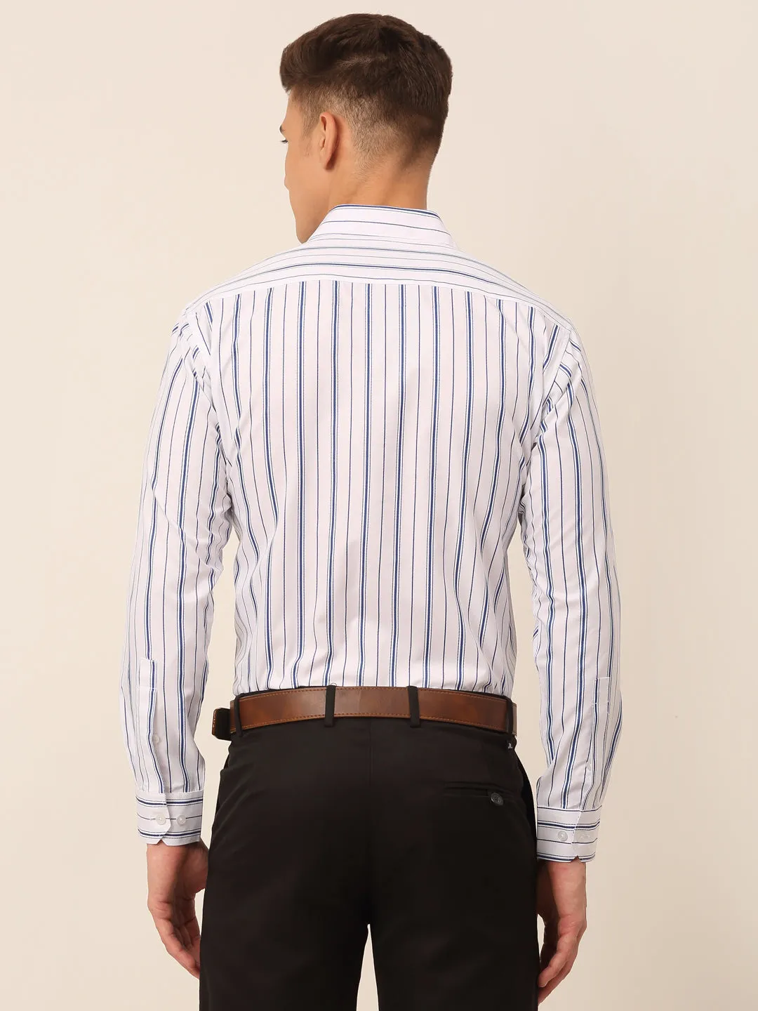 Men White & Blue Classic Striped Formal Shirt