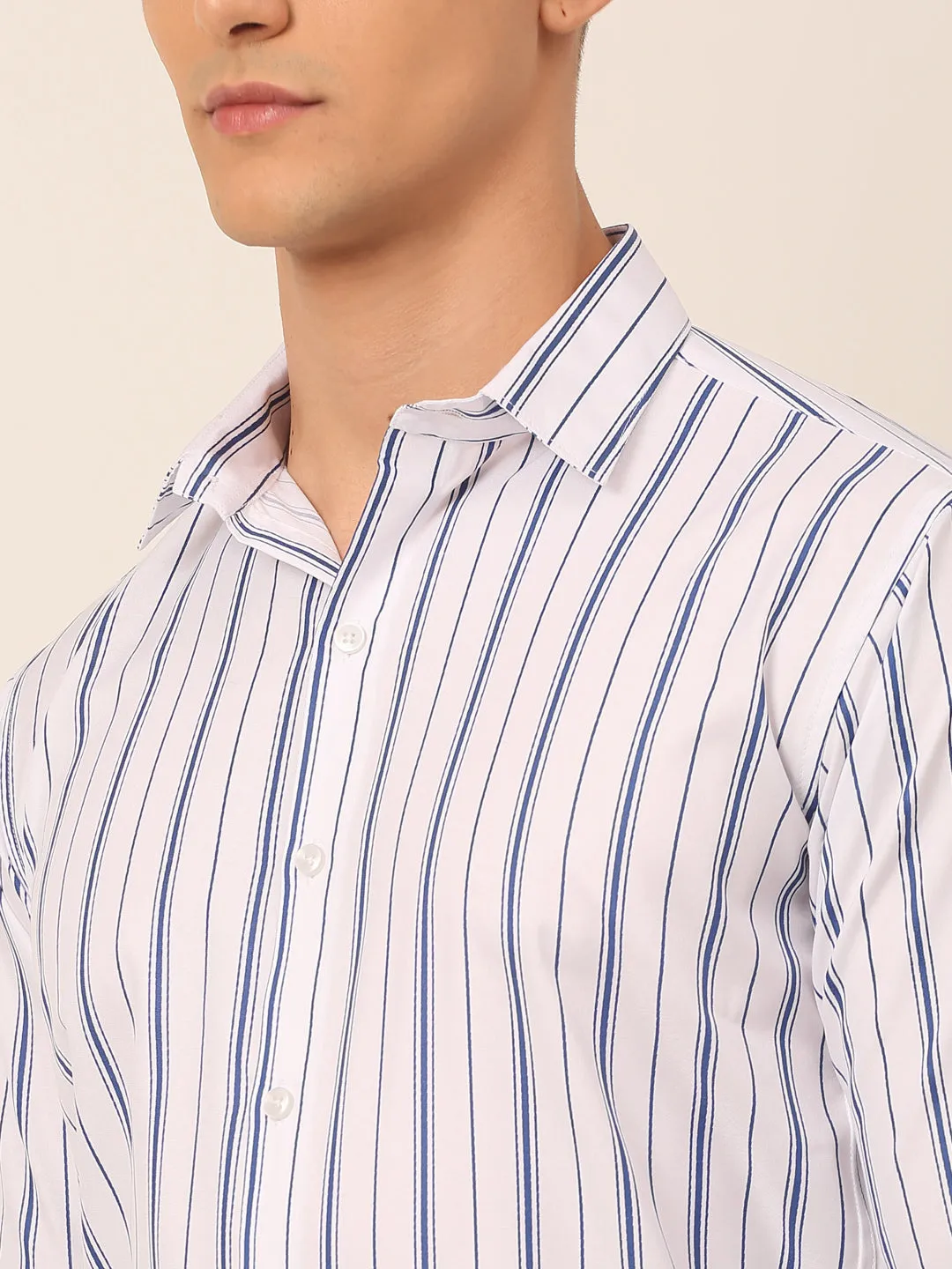 Men White & Blue Classic Striped Formal Shirt