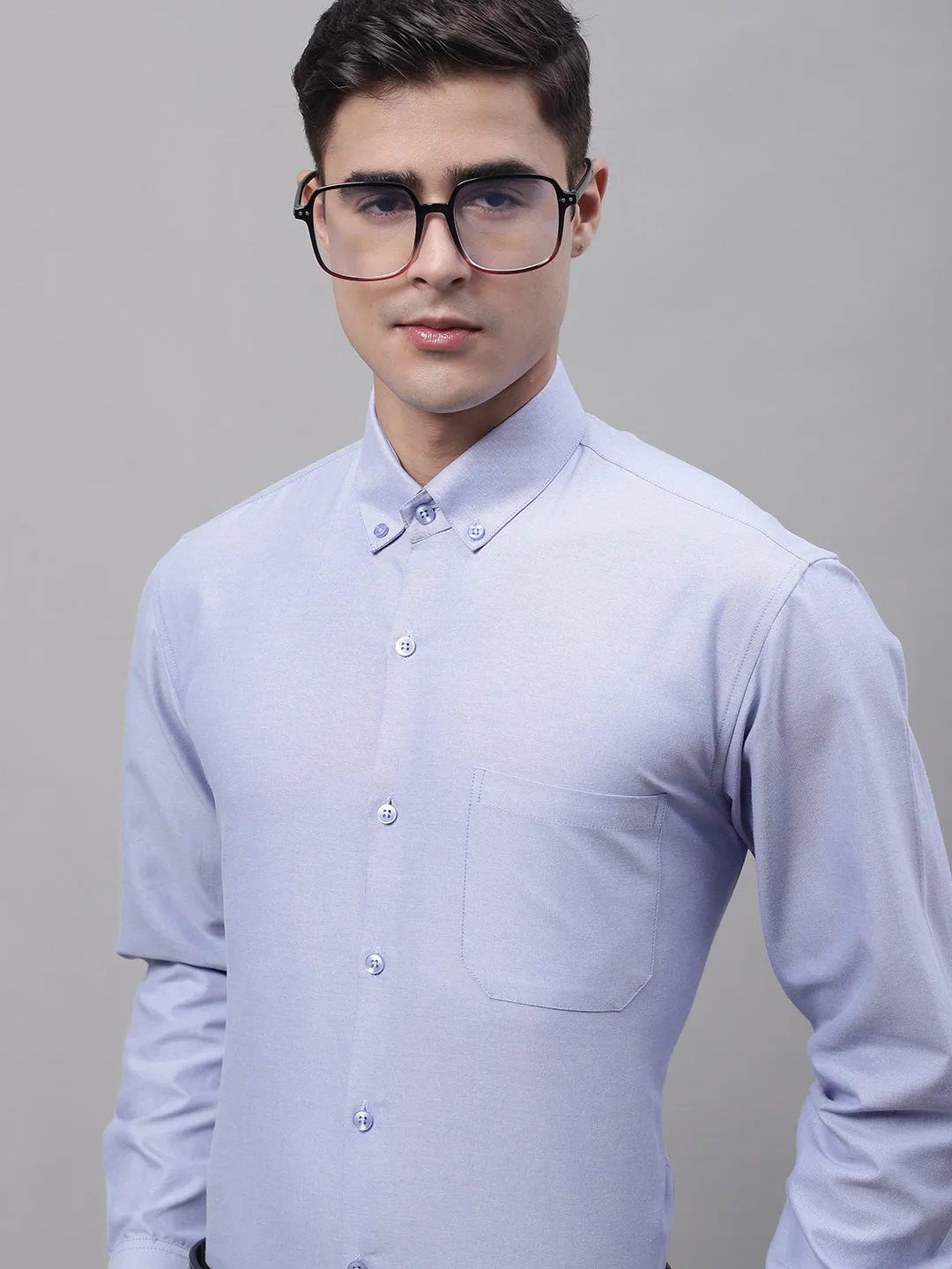 Men'S Blue Cotton Solid Formal Shirt