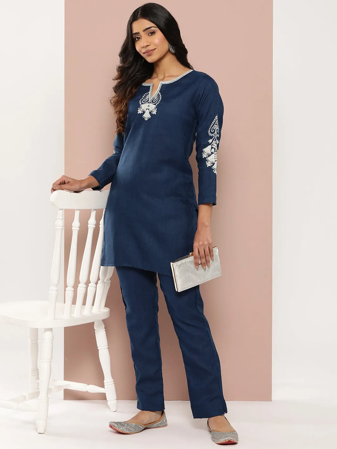 Navy Blue Embroidered Pure Cotton Kurti And Trousers Co-Ord Set