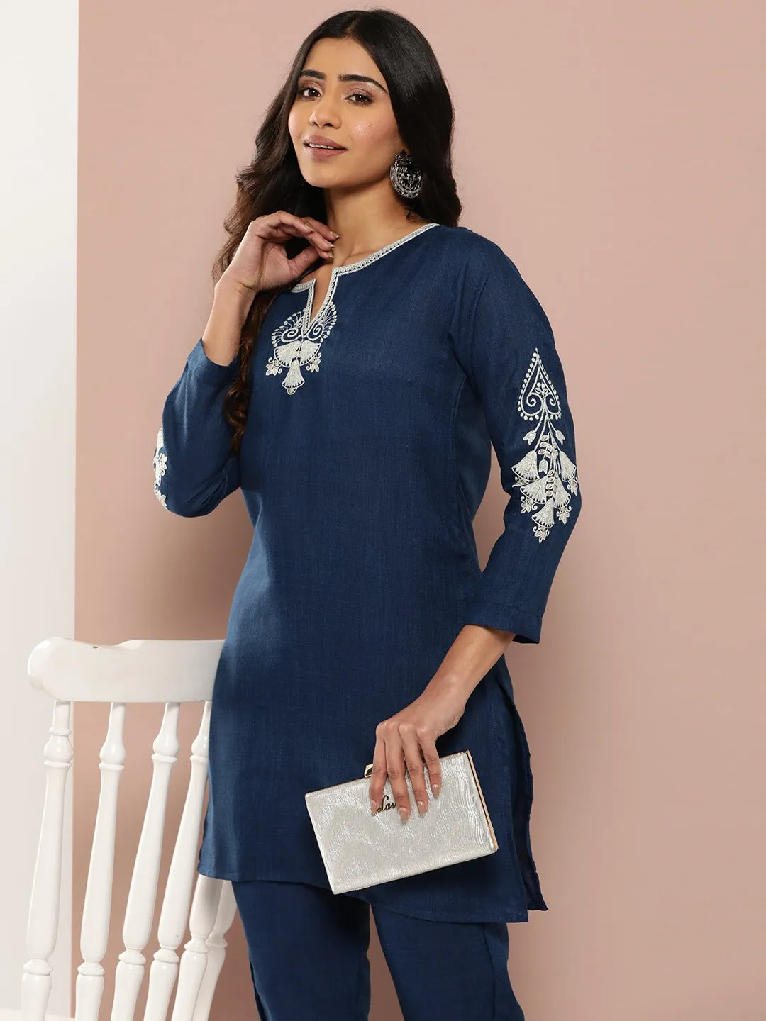 Navy Blue Embroidered Pure Cotton Kurti And Trousers Co-Ord Set