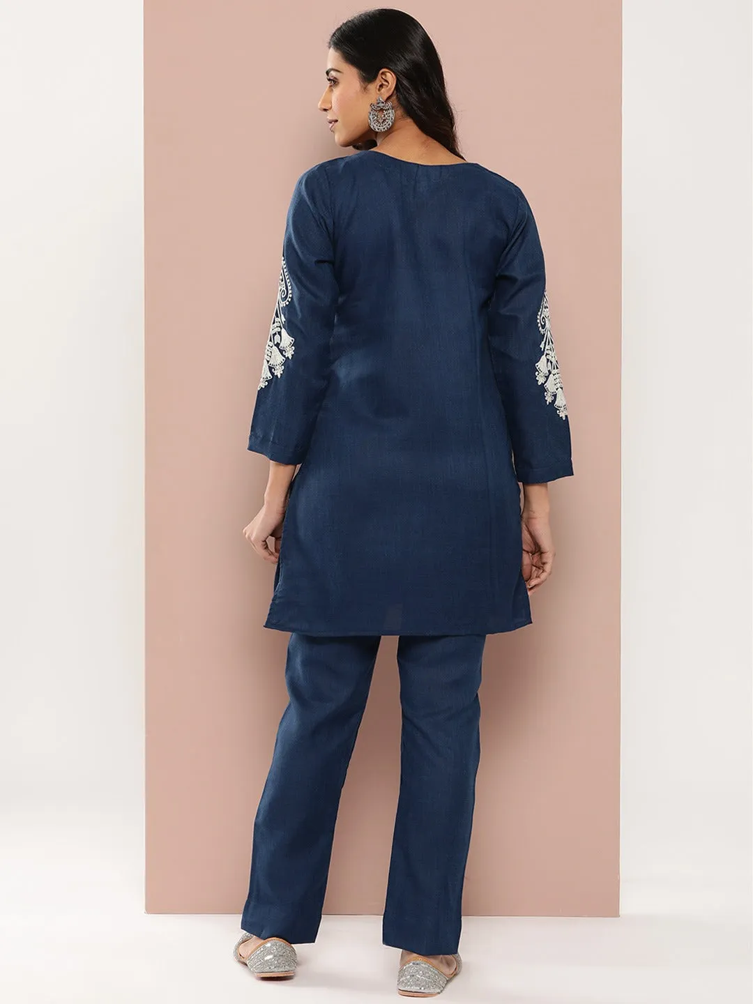 Navy Blue Embroidered Pure Cotton Kurti And Trousers Co-Ord Set