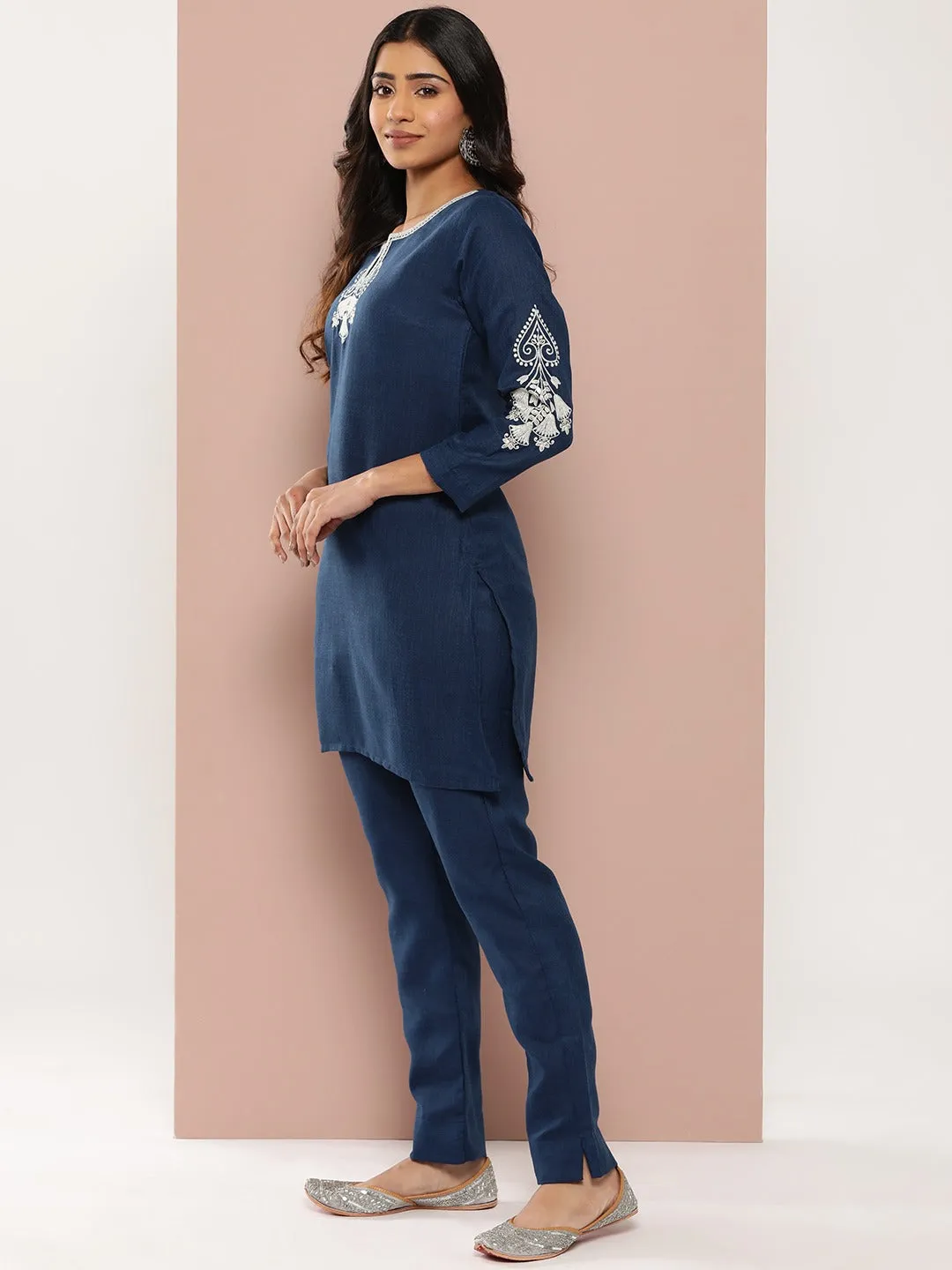 Navy Blue Embroidered Pure Cotton Kurti And Trousers Co-Ord Set