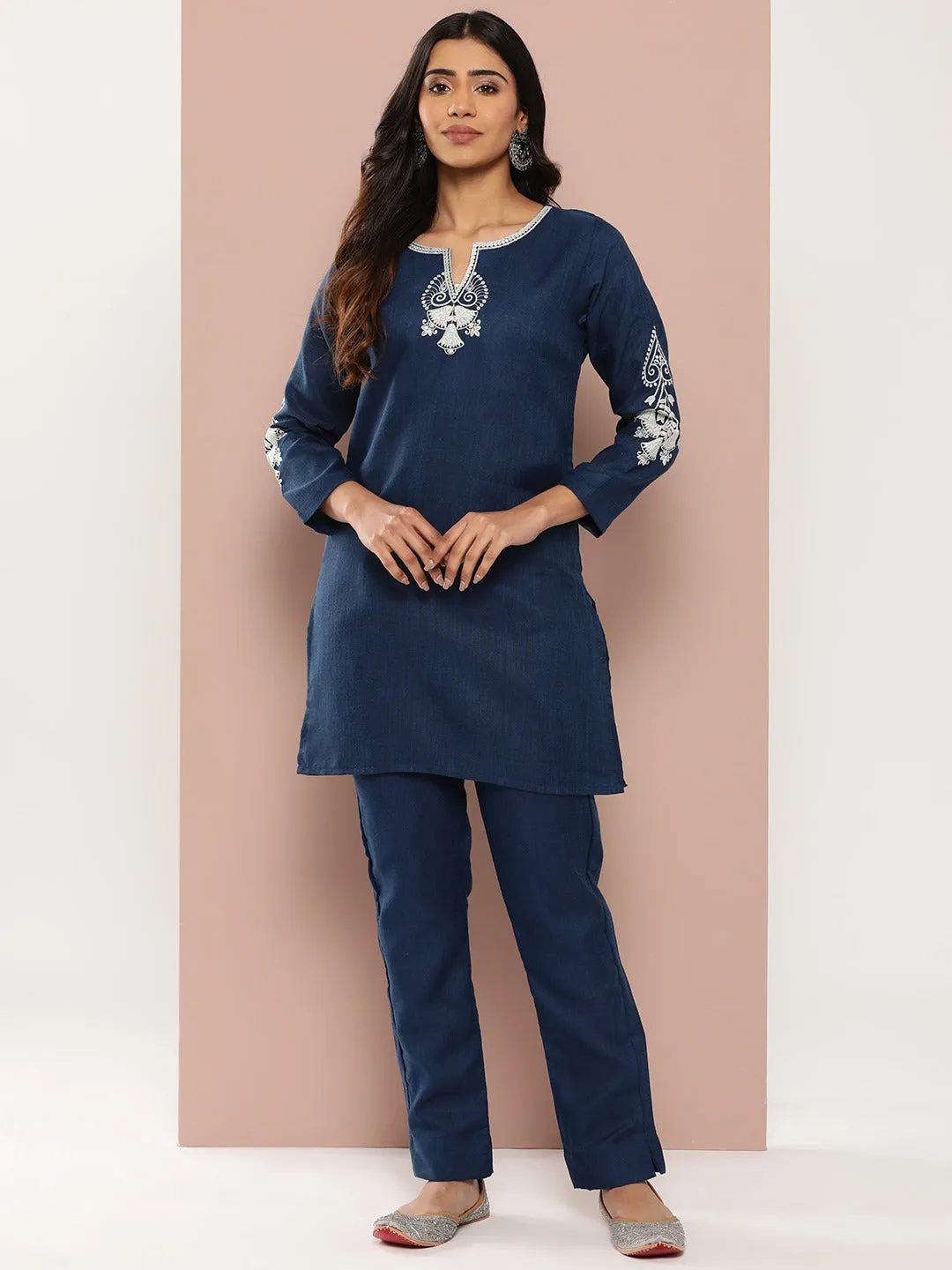 Navy Blue Embroidered Pure Cotton Kurti And Trousers Co-Ord Set