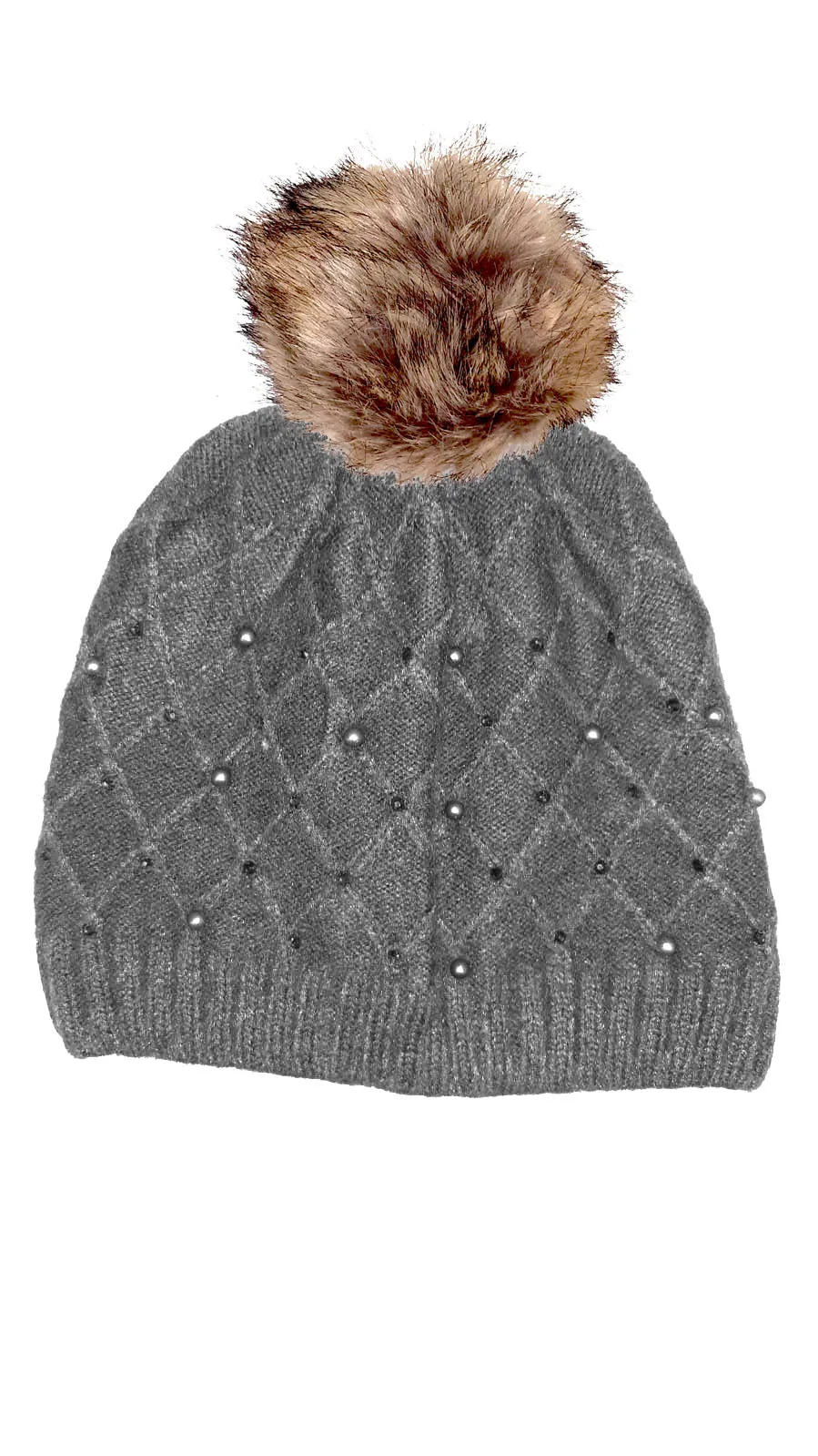 Pearly Glister Cable Faux Pom Pom Hat HL20-F23