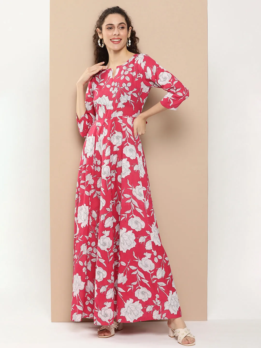 Pink Printed Long Dress With Waist Belt