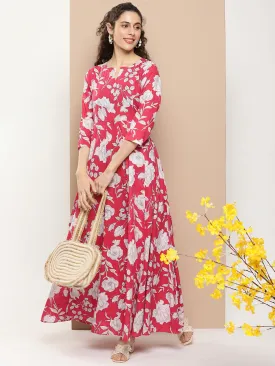 Pink Printed Long Dress With Waist Belt