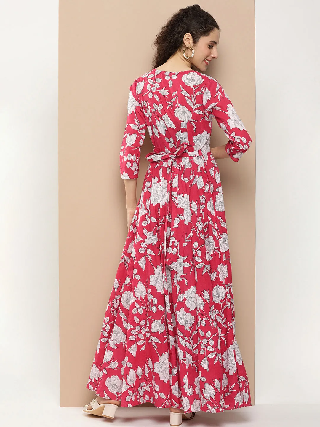 Pink Printed Long Dress With Waist Belt