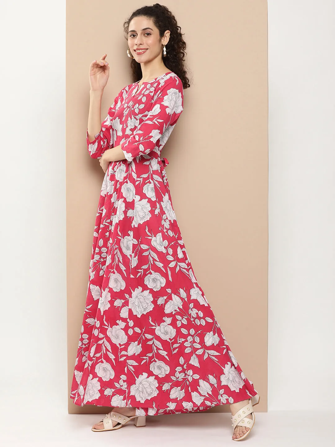 Pink Printed Long Dress With Waist Belt