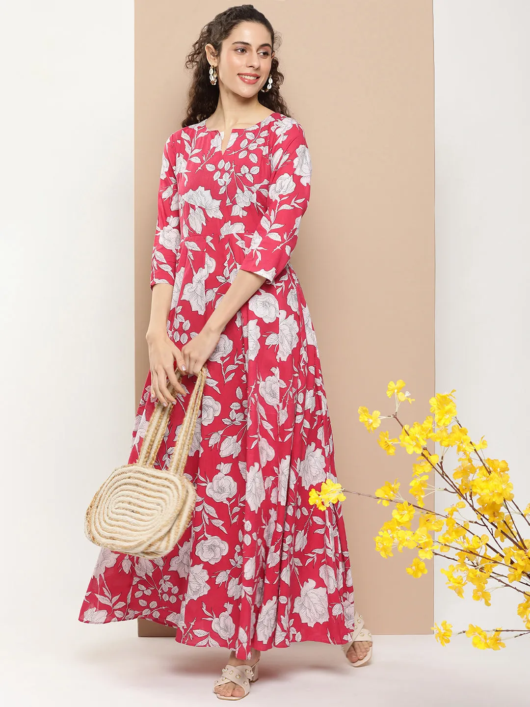 Pink Printed Long Dress With Waist Belt