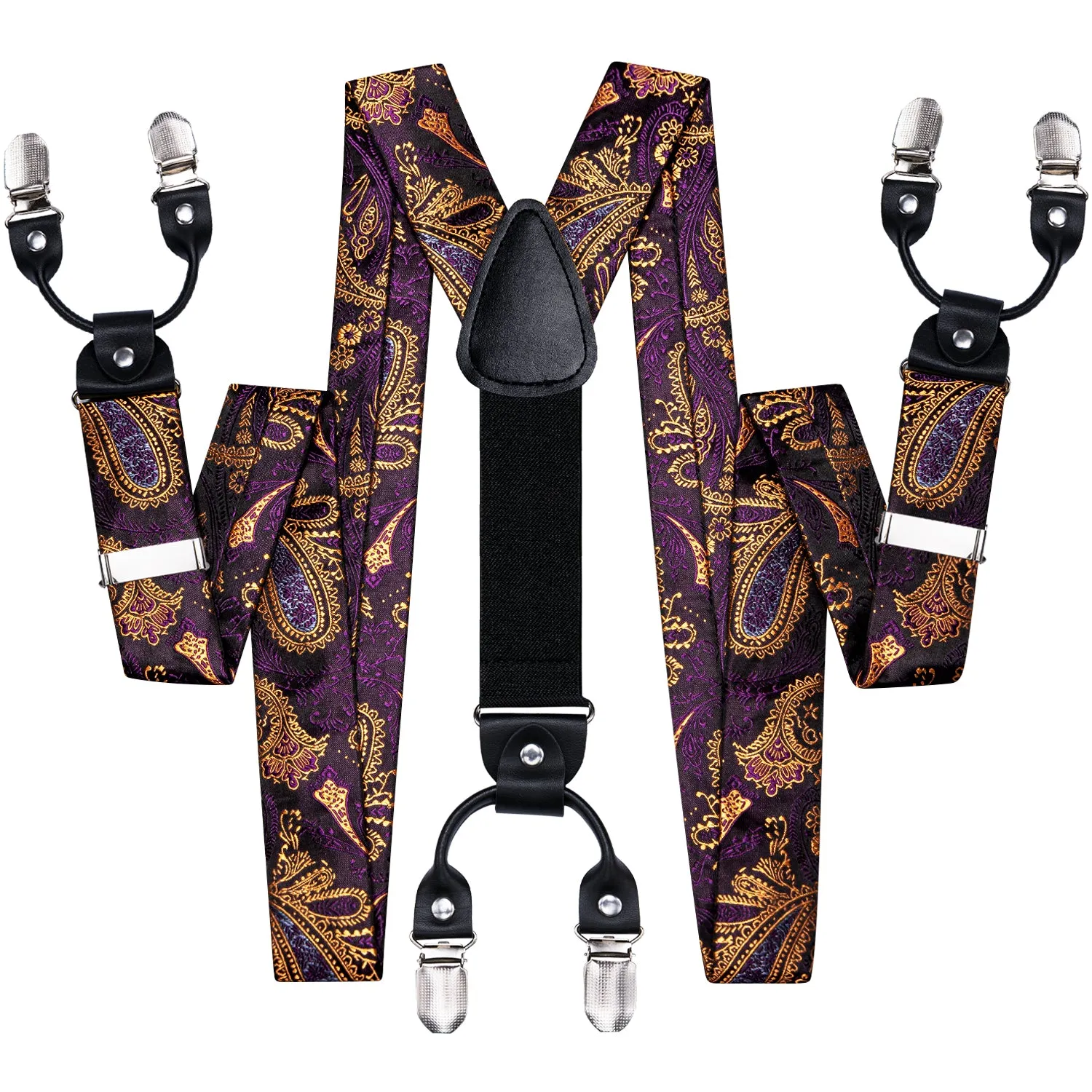 Purple Golden Paisley Suspender Bowtie Pocket Square Cufflinks Set