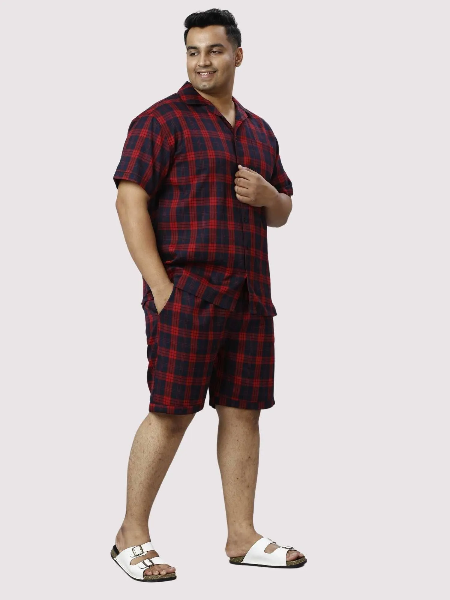 Red and Black Checks Printed Half Co-ords Set Men's Plus Size