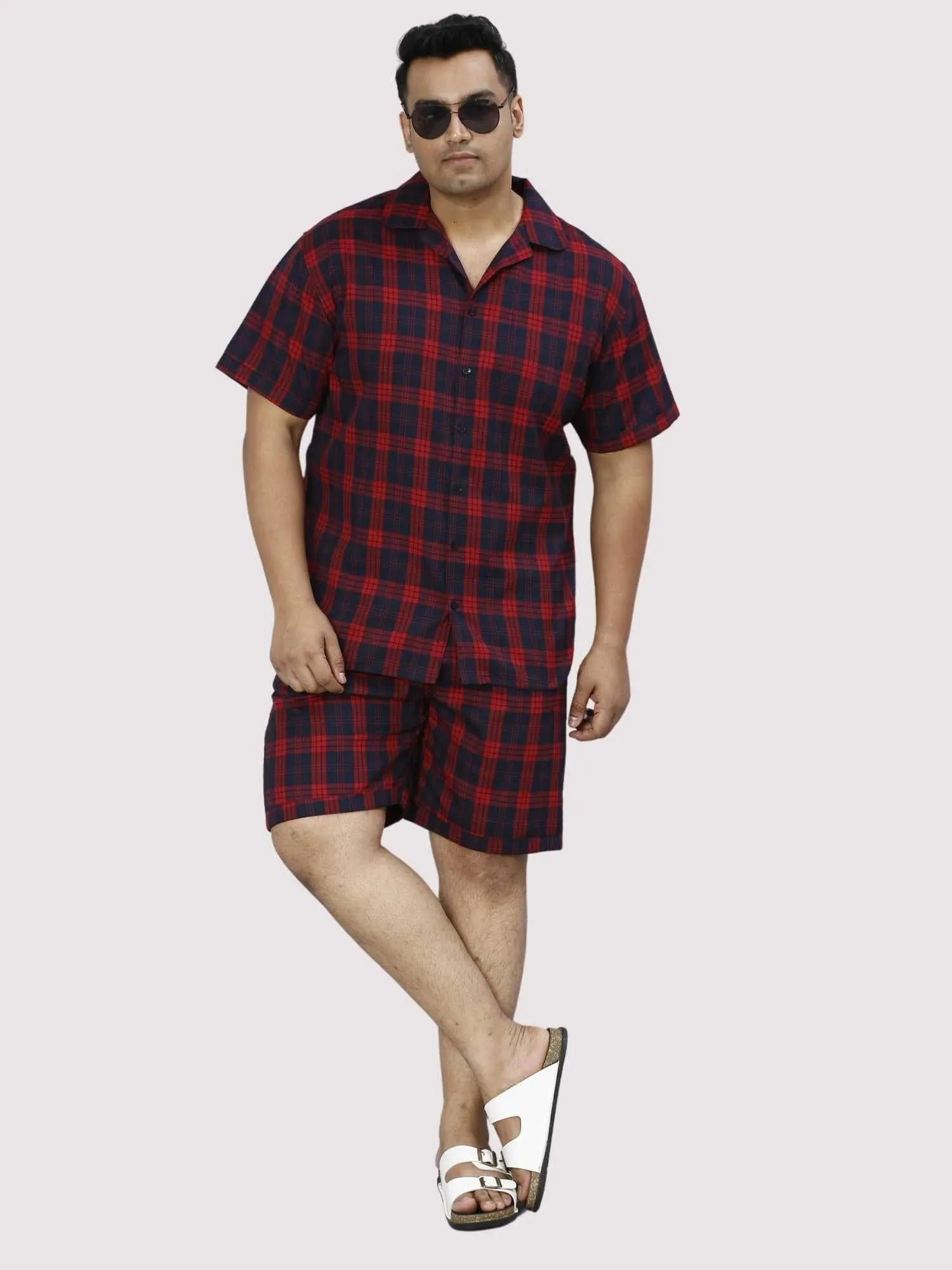 Red and Black Checks Printed Half Co-ords Set Men's Plus Size