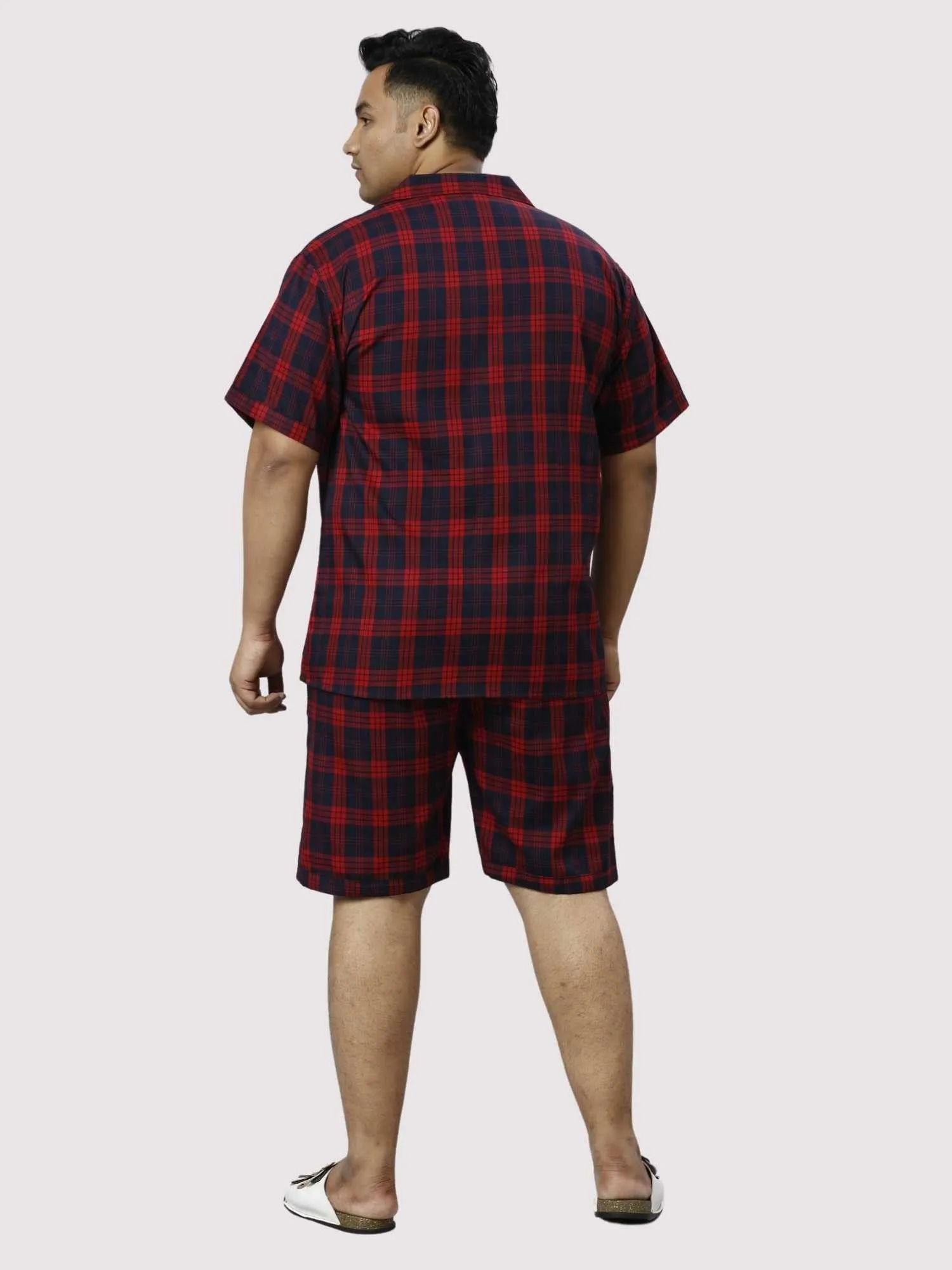 Red and Black Checks Printed Half Co-ords Set Men's Plus Size