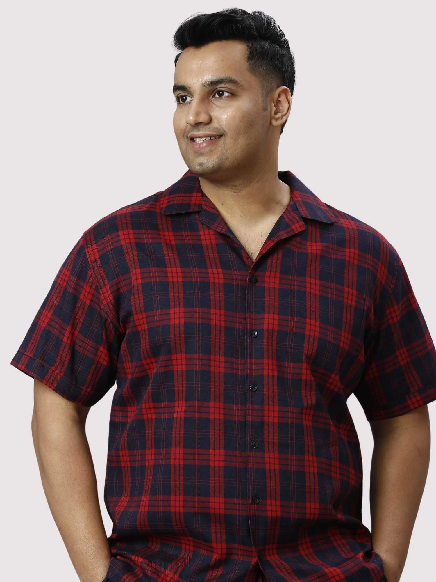 Red and Black Checks Printed Half Co-ords Set Men's Plus Size