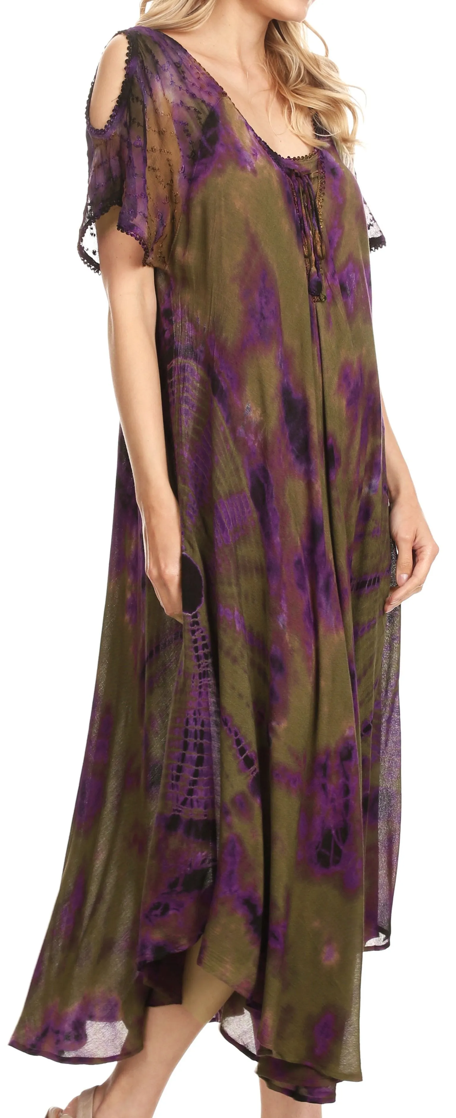 Sakkas Ada Women Cold Shoulder Caftan Relax Long Maxi Dress on Tie-dye with Corset