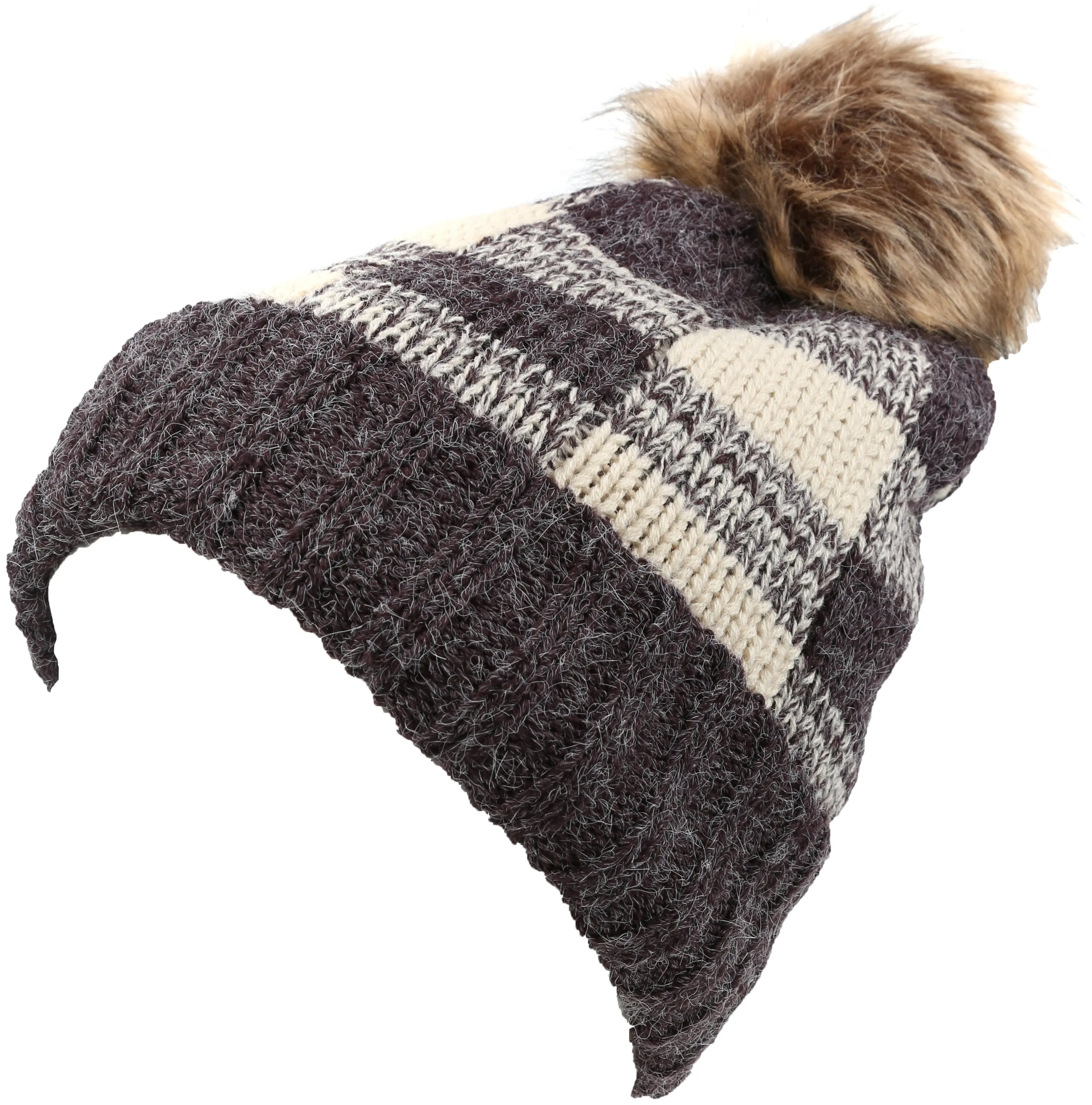 Sakkas Baya Long Tall Checker Pattern Fold Over Faux Fur Pom Pom Unisex Beanie Hat