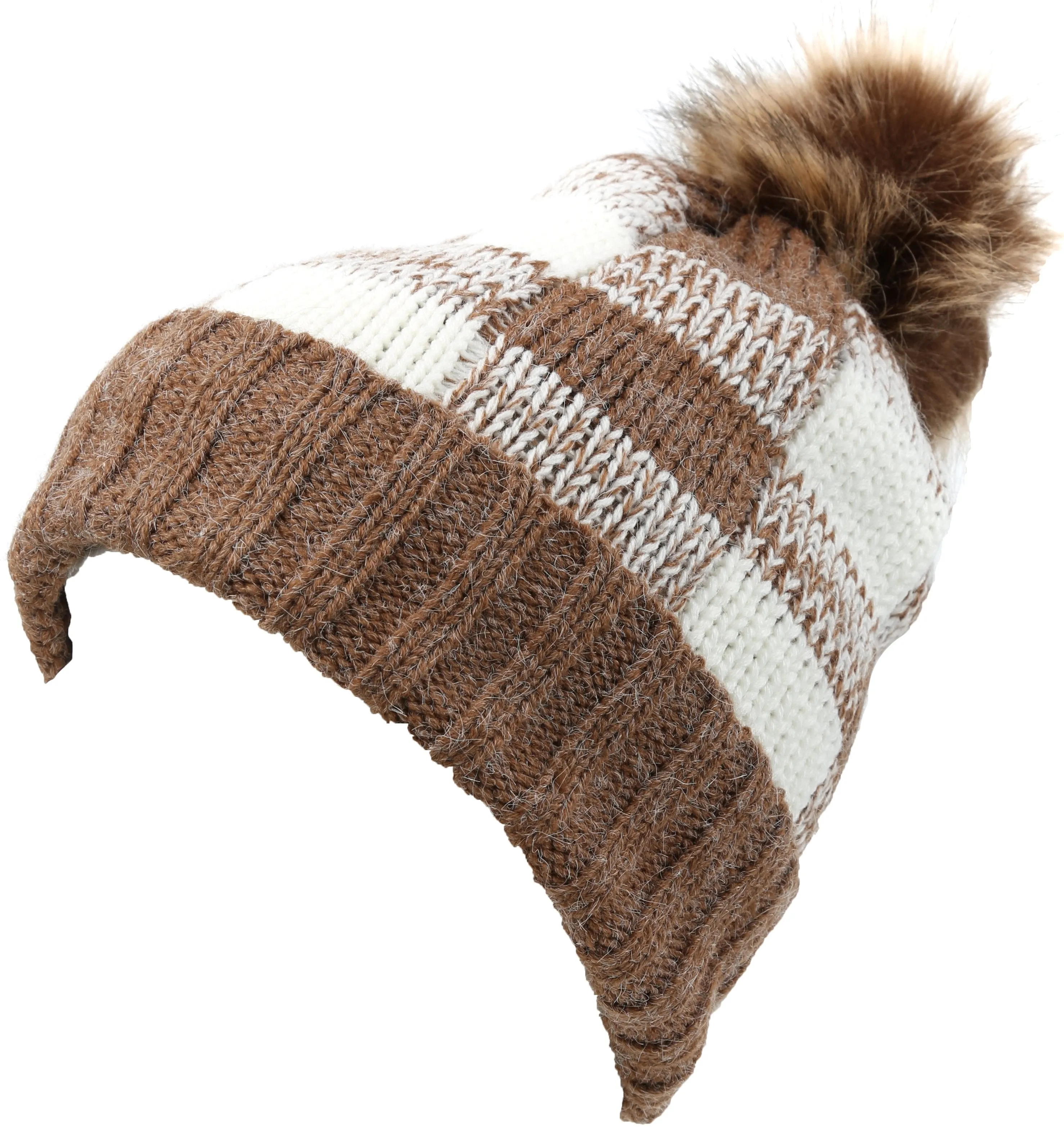 Sakkas Baya Long Tall Checker Pattern Fold Over Faux Fur Pom Pom Unisex Beanie Hat