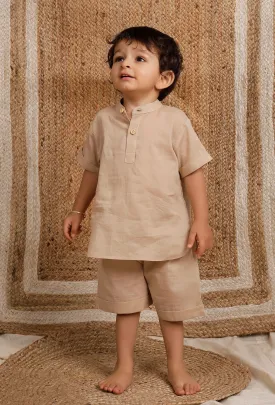 Set Of 2: Beige Mul Mul Short Kurta With  Short