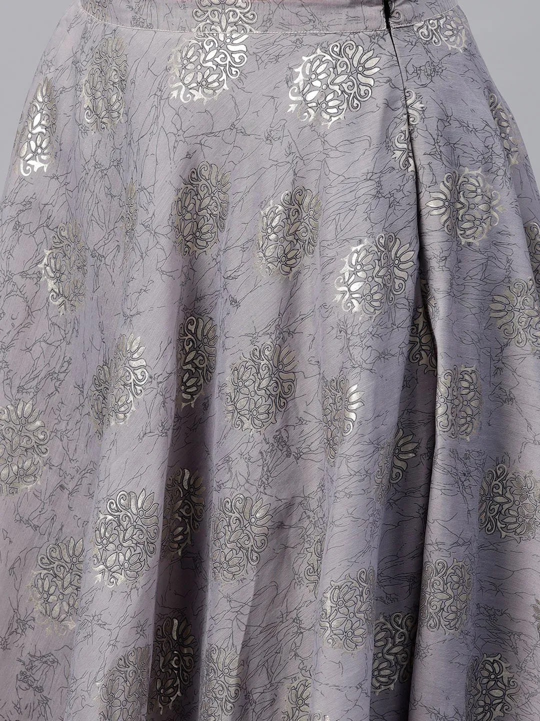 Silver Grey Printed Set Of Blouse And Skirt