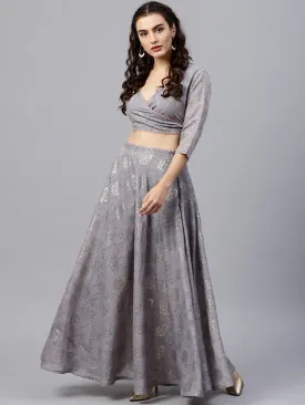 Silver Grey Printed Set Of Blouse And Skirt