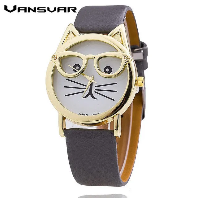 Vansvar Hot Sale Glasses Cat Watch Fashion Leather Strap Wrist Watch Women Quartz Watches Reloj Mujer Relogio Feminino 1597