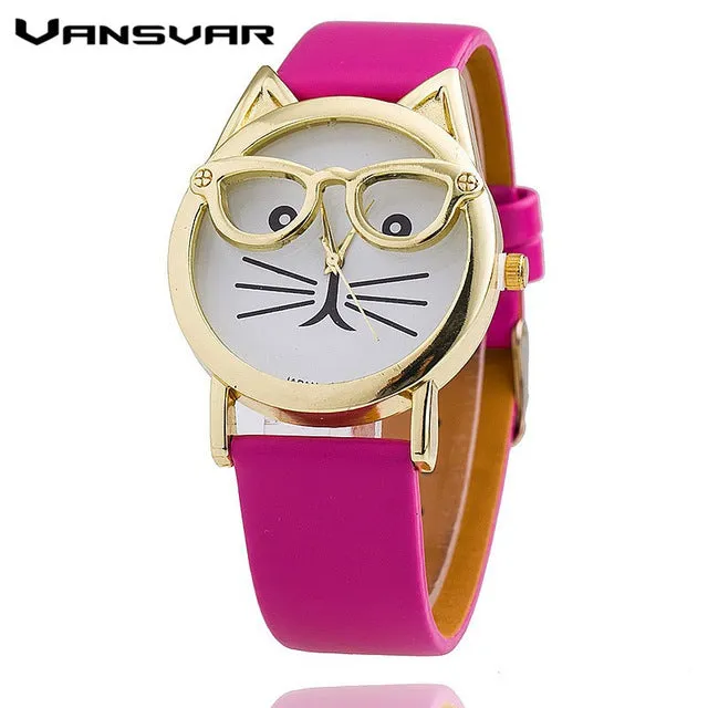 Vansvar Hot Sale Glasses Cat Watch Fashion Leather Strap Wrist Watch Women Quartz Watches Reloj Mujer Relogio Feminino 1597