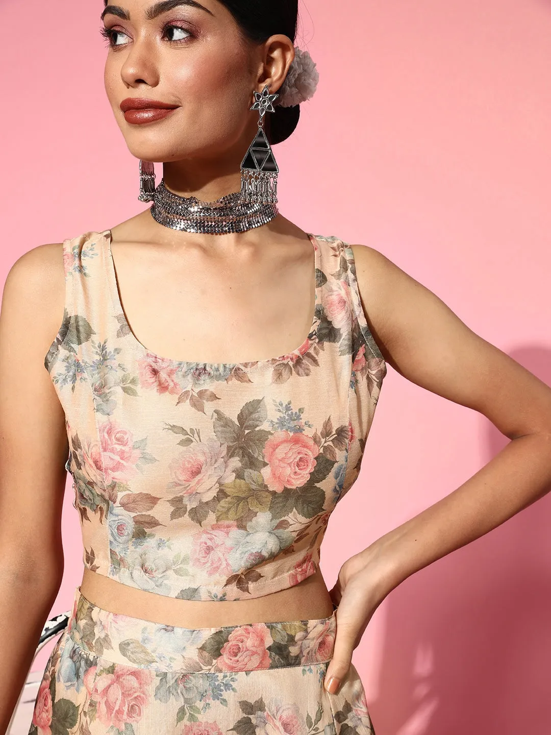 Women Beige Floral Crop Top With Anarkali Skirt