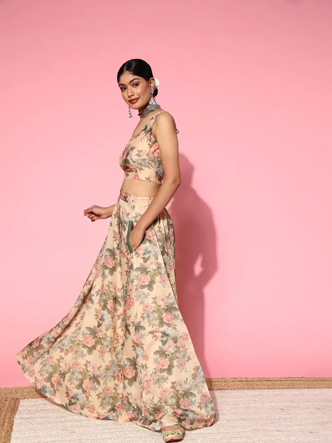 Women Beige Floral Crop Top With Anarkali Skirt