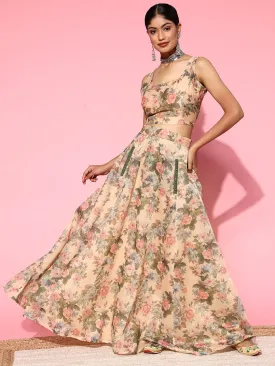 Women Beige Floral Crop Top With Anarkali Skirt