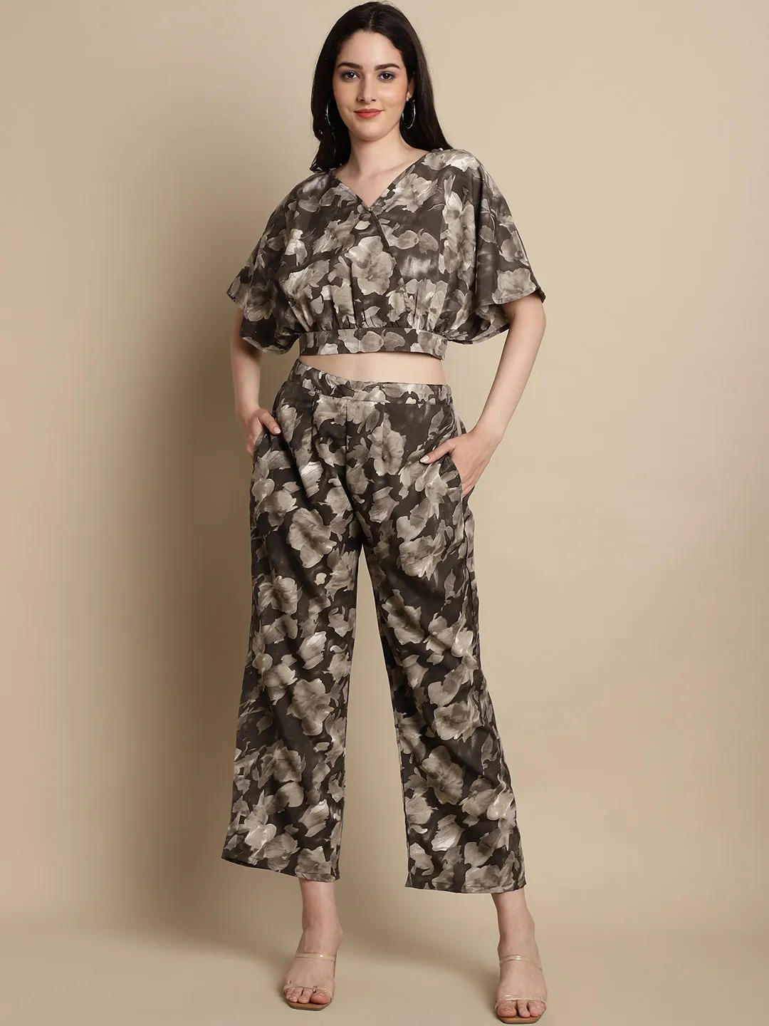 Women Brown Printed Crop Top With Palazzos