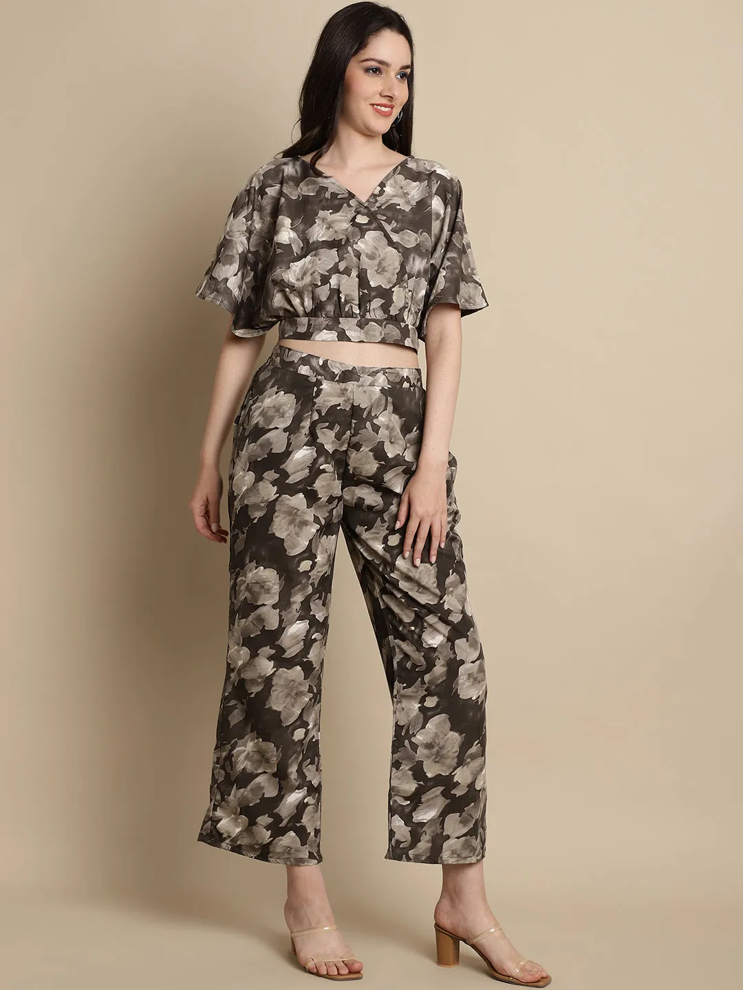 Women Brown Printed Crop Top With Palazzos