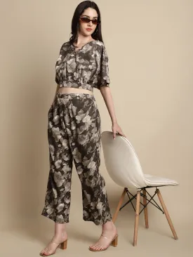 Women Brown Printed Crop Top With Palazzos