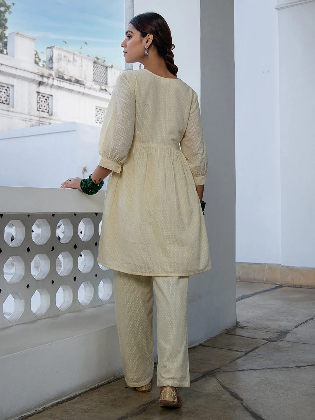 Women Cream Dobby Cotton Tunic & Bottom