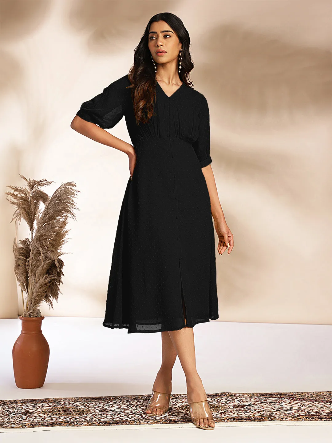 Women Dobby Chiffon Black Dress