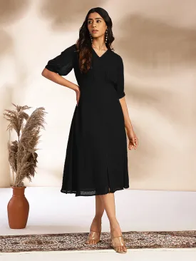 Women Dobby Chiffon Black Dress